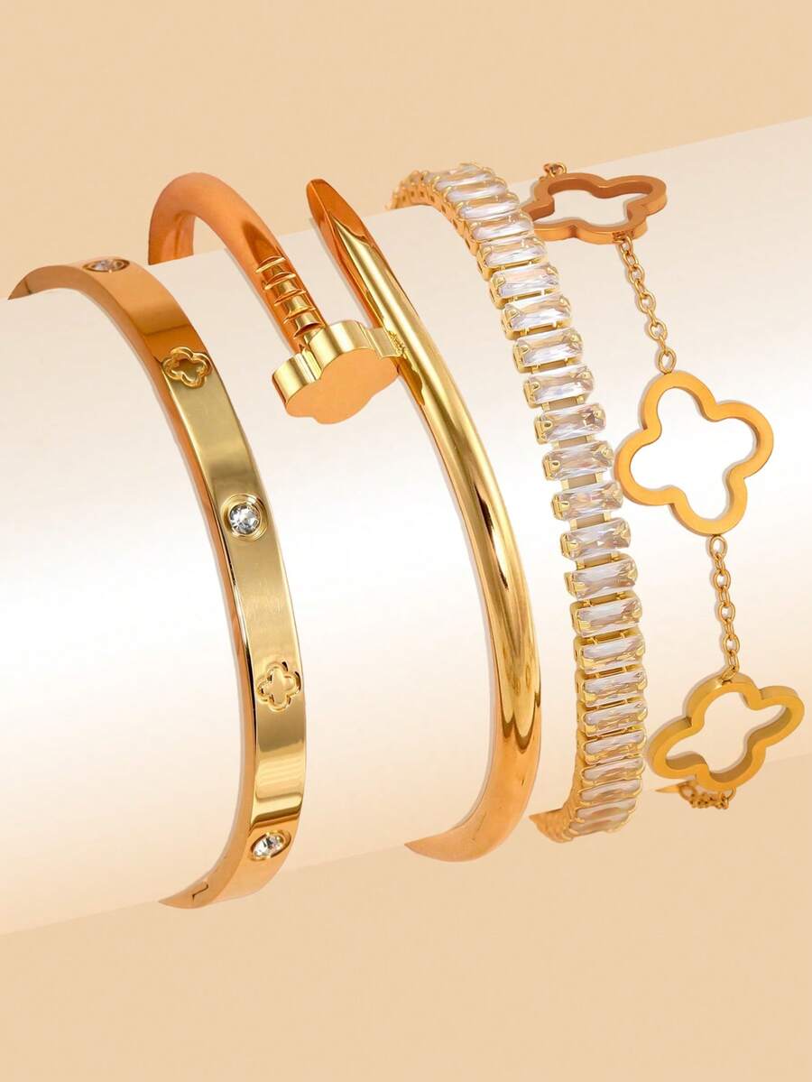 4pcs Set Fashionable Luxury Four-Leaf Clover Pattern Nail Design Bracelet, Square Zirconia Stainless Steel Bangle Set, Suitable For Women's Daily Wear - Bracelet - View 1