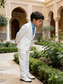 1 conjunto de terno formal para meninos: 1 blazer + 1 calça + 1 gravata, adequado para casamento, apresentação, festa e outras ocasiões formais - Branco - Ver 8