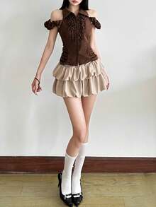 Top Dazzle Women's Brown Cold Shoulder Crop Top With Ruffled Details And Shirt Collar Knitted Fabric Slight Stretch Regular Length Carnivals Vacation Homecoming - Brown - View 6