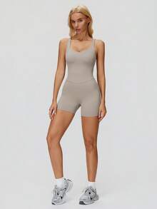 MASKERT Comfortable And Stylish One-Piece Clothing For Women, High Elasticity And Breathable, Suitable For Fitness, Yoga, And Daily Wear, Slim-Fitting One-Piece Suit Summer - Khaki - View 5