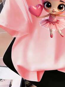 少女卡通印花圆领落肩休闲宽松T恤 - 粉色 - 查看 7