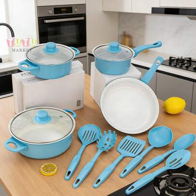 Juego de utensilios de cocina multifuncionales de 13 piezas, sartén antiadherente de cerámica saludable de agarre suave, juego de ollas de cocina de 13 piezas, juego para el hogar con tapa de vidrio templado, revestimiento antiadherente, conducción eficiente del calor, resistente y duradero, excelente sensación, variedad de ollas Los tipos satisfacen las necesidades diarias (azul, morado, rosa)