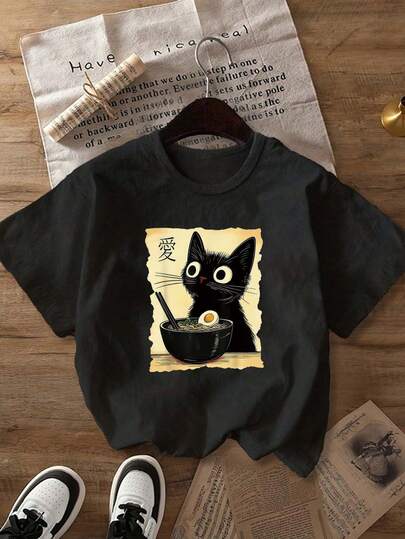 Vintage Cute Black Cat Ramen Print Short Sleeve T-Shirt, Soft Casual Crew Neck Top, Plus Size Fashion Summer Tee For Women