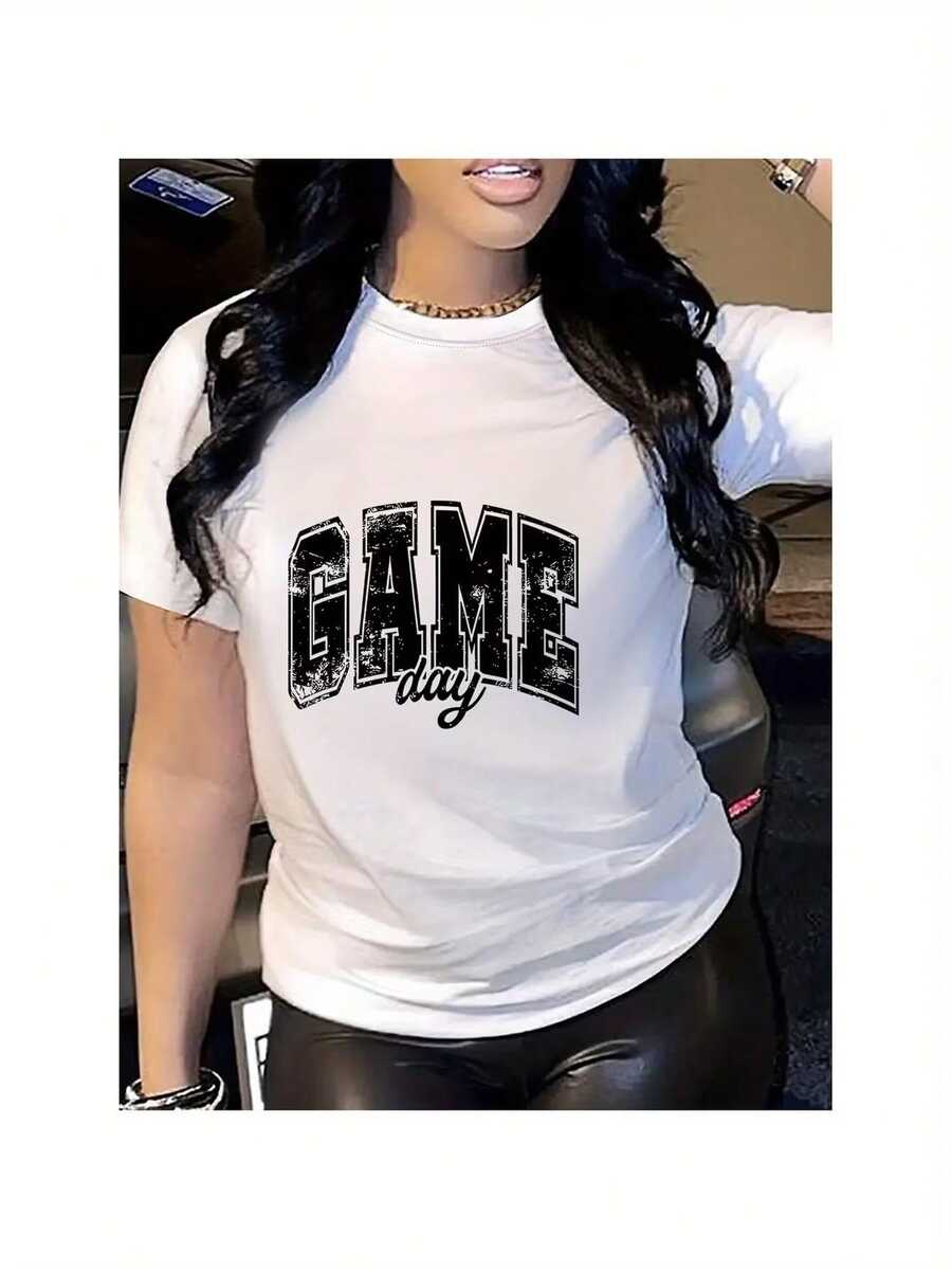 Camiseta Casual de Cuello Redondo para Mujeres con Impresión de JUEGO, Tejido de Algodón 100%, Ropa Deportiva para Todas las Estaciones, Longitud Regular, Patrón de Alfabeto - 220gsm - ["Blanco"] - Ver 1