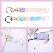 Bonito cordn de mueca para llaves/correa de mueca para mujer, para, pequea cartera y telfono/soporte de llavero corto esttico con cierre/accesorios hologrficos brillantes para nias color lila - inicial - Ver 8