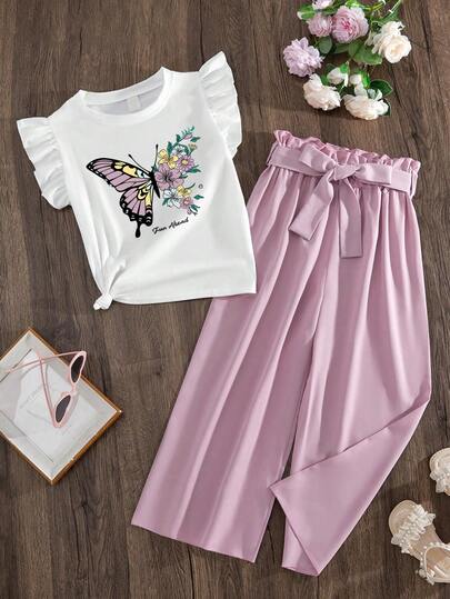 Tween Girl Butterfly Print Ruffle Trim T-Shirt And Solid Color Pants Set