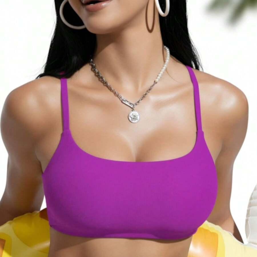 Top Gym Bandeau Double With Removable Padding, Thin Straps, Zero Transparency, Fashion Colors - Rose Red - View 1