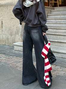 新款高腰水洗牛仔阔腿宽松阔腿裤，女士款 - 黑色 - 查看 5