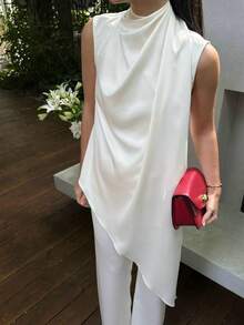 Women's Casual Elegant Fashion Versatile Solid Color High Neck Sleeveless Asymmetric Hem Ruched Design White Satin Blouse, Suitable For Spring And Summer - White - View 8