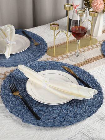 Posavasos redondo tejido, adecuado para mesas de comedor, 15 pulgadas de diámetro, lavable, apto para uso en interiores, ideal para el hogar, bodas y fiestas. (Azul)