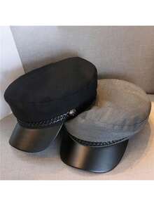 1pc Black Korean-Style Autumn/Winter Beret Hat For Women, Casual And Versatile, British Style Vintage Flat Top Baseball Cap - Multicolor - View 4