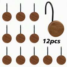 12-Piece Set Of Wooden Shower Curtain Hooks, Decorative Metal Shower Curtain Hooks, Home Accessories, Waterproof And Rust-Free. - Black - View 6