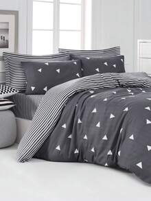 Made In Turkey-2-Piece Set With Geometric Pattern, 65% Cotton 35% Polyester, Suitable For All Seasons, Duvet Cover With Button Closure. 1 Duvet Cover (140x200cm) And 1 Pillowcase (50x70cm). Highly Breathable, Soft And Lightweight. Pillowcase Pattern Is Randomly Generated. -Artus Gri - Grey - View 2