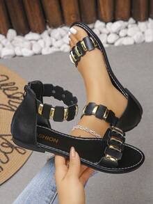 A Pair Of Retro, Stylish, And Casual Geometric Metal Sandals For Women, Perfect For Daily Commuting, Shopping, And More. They Are Also Ideal For Vacations And Make A Great Gift Exchange Option For Friends Or Family. - Black - View 2