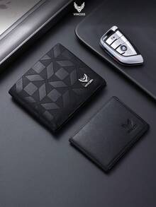 VINCESS Men's Genuine Leather Wallet, Real Leather Business Wallet, Fashionable Geometric Pattern Wallet, Multi-Card Slots Card Holder With ID Window, Suitable For Daily Use, Ideal Gift For Men - Black - View 9