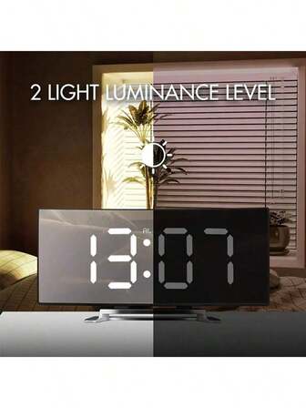 Curved Large Screen Electronic Alarm Clock, Smart Multi-Function Digital Clock, LED Desk/Bedside Mirror Clock With Night Light
