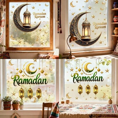 1pc Ramadan Window Sticker, Vinyl Golden Moon And Lantern Pattern Decal, Reusable, Suitable For Glass, Islamic Home Decor, Eid Party Supplies, Muslim Festival Decorations