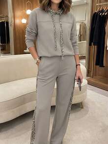 Women's Casual Leopard Print Drawstring Bodysuit And Pants Set, Minimalist Spring Outfit - Grey - View 1