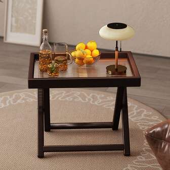 Dual-Style Foldable Bamboo Tray Table (Bamboo/Acrylic Bottom) - 15.75"X11.81" 2-In-1 Side Table Stand, Lightweight Space-Saving Multipurpose Organizer For Living Room & Bedroom