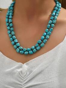 1pc Handmade Knotted Turquoise Bohemian Style Minimalist Layered Vintage Necklace, Versatile - Turquoise - View 2