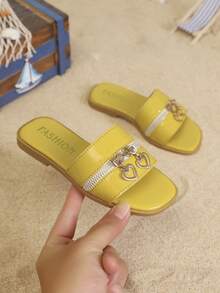 1 Pair Children's Minimalist PU Flat Casual Slippers, Suitable For Summer - Yellow - View 3