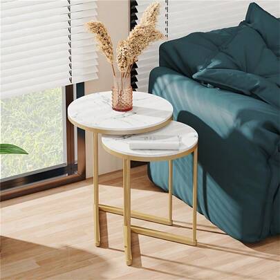 2 Pack Golden Marble Side Tables - High Gloss Sintered Stone Tabletop, Golden Metal Legs, Small Nesting Tables For Living Room