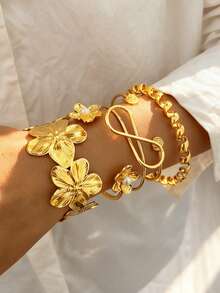 Conjunto de 6 em 1 Vintage Elegante Inspirado em Moeda Francesa Geométrica Assimétrica Infinita, Conjunto de Pulseiras de Braço Elásticas com Design de Babado Floral em Metal, Estilo Exagerado Americano Hip-Hop Chique Y2K Personalizável Empilhável, Adequado para Mulheres, Praia, Festa, Festival de Música, Encontro, Presente, Joias para Uso Diário - Multicolorido - Visão 2