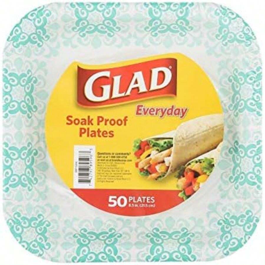 Glad - Platos de papel desechables impresos, 50 unidades de 10 pulgadas, platos de papel resistentes con hermoso diseño impreso, a prueba de remojo, 50 platos de papel cuadrados | Platos desechables,(Agua 50 Count (pack of 1)) - Multicolor - Ver 1