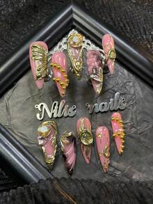 10pcs Acrylic Fountain Pen Nib Nail Art Set, Pink Nails, 3D Rhinestones And Steel Ball Accessories, Handmade Geometric, Sun And Moon Patterns, Y2K Style Fake Nails, Suitable For Women's Daily, Party, Holiday And Theme Party Use Handmade Press On Nails - Pink - View 2