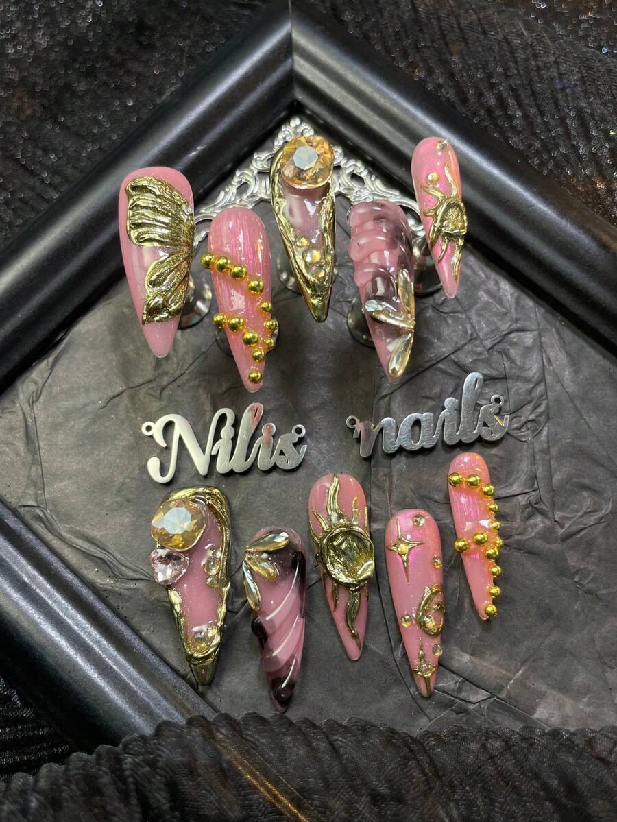 10pcs Acrylic Fountain Pen Nib Nail Art Set, Pink Nails, 3D Rhinestones And Steel Ball Accessories, Handmade Geometric, Sun And Moon Patterns, Y2K Style Fake Nails, Suitable For Women's Daily, Party, Holiday And Theme Party Use Handmade Press On Nails