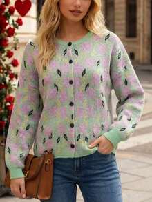 Plus Size Women Mint Green Loose Cardigan, Sweet Casual Single-Breasted Knit Jacket