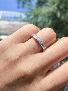 XUJIA 1pc Moissanite Eternity Ring, 925 Sterling Silver Women's Wedding Band, Full Eternity Ring, 3mm Round Brilliant Moissanite Ring, Sparkling Anniversary Party Birthday Jewelry Gift - Silver - View 2