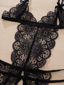 US Shipping Ladies Bowknot Decor Floral Lace Elastic Classic Bodysuit Underwear Ladies Bodysuit ﻿     Suitable For Going Out And Partying - 黑色 - 查看 9