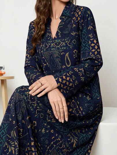 Spring And Winter 2026 New Year's New Floral Print Navy Blue Long Dress, Loose Fit, Full-Body Print, Elegant Party, Beach, Graduation, Fashionable Evening Dress For Ladies.