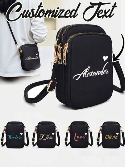 Anpassat namn: Mini svart handväska för utomhussport, personlig med hörlursuttag, telefonväska, armväska, myntplånbok, axelväska för pengar, horisontell telefonväska för kvinnor, upprätt plånbok med flera dragkedjor, lämplig för armväskor för utomhussport som löpning, vandring, cykling etc., födelsedagspresenter till familj och vänner, viktig för att gå ut, alla hjärtans dag, Ramadan