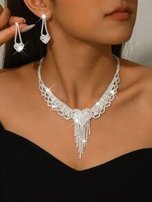 巴洛克风格心形流苏首饰套装：镶满水钻项链+耳环，新娘伴娘婚礼配饰，情人节礼物 - 彩色 - 查看 8