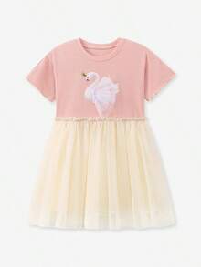 Đầm dài tay bằng vải lưới phối màu tương phản, chất liệu mềm mại, thêu hình thiên nga dễ thương dành cho bé gái. - Hồng - Xem 10