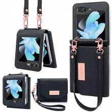 VIETAO Ốp lưng kiêm ví có dây đeo cho Galaxy Z Flip 3/4/5/6/7, vỏ bảo vệ thời trang với khe đựng thẻ, phù hợp với Flip3/Flip4/Flip5/Flip6 - màu đen - Xem 1