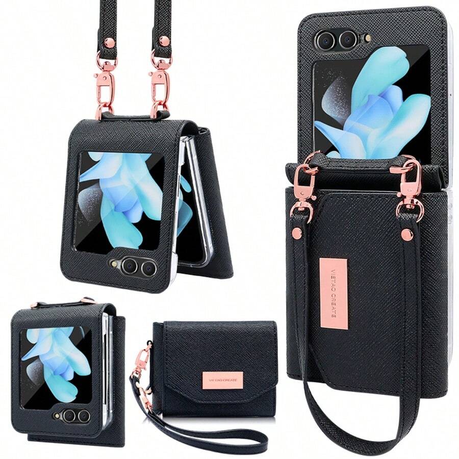 VIETAO Ốp lưng kiêm ví có dây đeo cho Galaxy Z Flip 3/4/5/6/7, vỏ bảo vệ thời trang với khe đựng thẻ, phù hợp với Flip3/Flip4/Flip5/Flip6 - màu đen - Xem 1