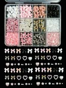 12-Compartment Box Mixed Resin Faux Pearl Bow, Heart, Floral Decor Nail Art Accessories, Versatile & Cute Nail Supplies Nails Nail Charms Nail Gems - 彩色 - 查看 1
