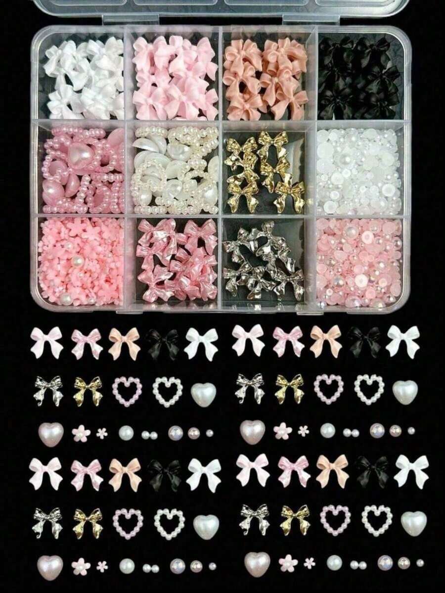 12-Compartment Box Mixed Resin Faux Pearl Bow, Heart, Floral Decor Nail Art Accessories, Versatile & Cute Nail Supplies Nails Nail Charms Nail Gems - 彩色 - 查看 1