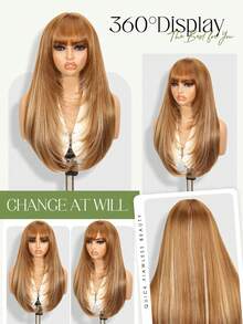 1. 黑色刘海假发，长直层次假发，夹式，渐变棕色长直层次假发带刘海，混合棕色，夹式，无胶合成假发，28英寸长直合成假发，适合女性日常佩戴 - 挑染金色 - 查看 2