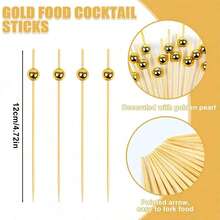 100pcs Gold Pearl Fruit Cake Disposable Fruit Picks, Pearl Cake Fruit Bamboo Skewers, Fruit Picks, Bamboo Skewers, Fruit Kebabs, Cake & Dessert Display Decor, Cocktail Picks, Cake & Burger Art Forks - For Beverage Decoration, Desserts (Birthday, Wedding Party Supplies, Christmas Gifts) - Multicolor - View 4