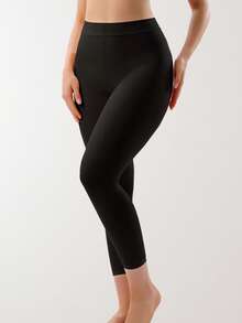 2条装纯色无缝超薄保暖打底裤，高腰显瘦弹力紧身裤，女士内衣睡衣，秋冬款 - 黑色 - 查看 3