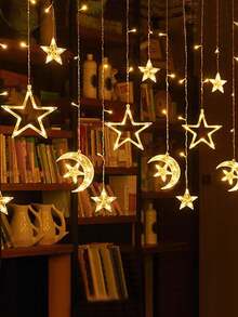 1pc 3.5M 126LED Moon Star Curtain String Lights, Fairy Icicle Lights For Indoor Home Window, Perfect Gift For Valentine's Day Mother's Day Birthday Party Christmas Decoration