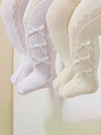 2 pares de medias de niña princesa con decoración de lazo de conejo, de malla hueca, transpirables y cómodas, en combinación de blanco y beige, adecuadas para uso diario o para fiestas