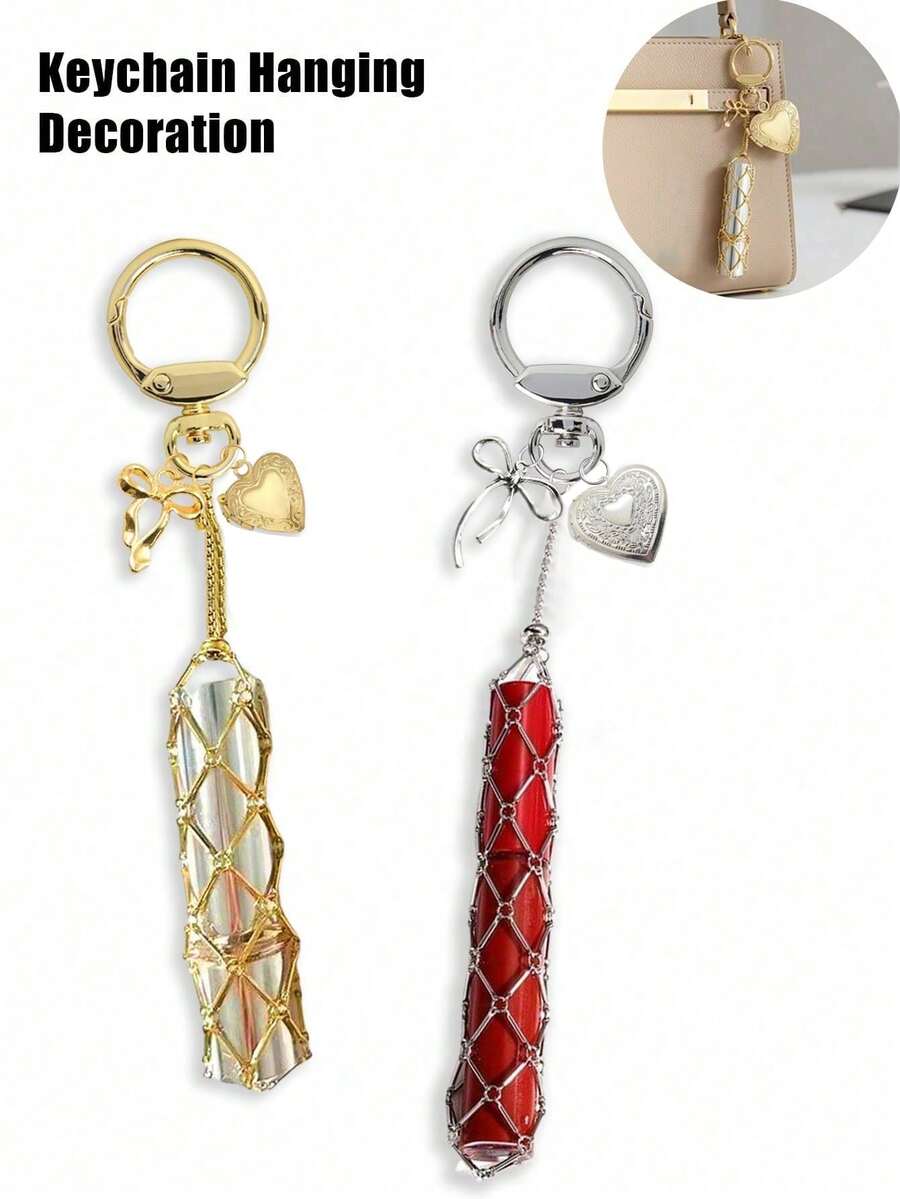 金属唇膏收纳包挂饰,带可替换不锈钢网袋 - 金银色包包挂饰,蝴蝶结和心形盒装饰唇膏盒钥匙扣,时尚唇膏和化妆品悬挂装饰,手提包和钱包的时尚挂件,便携式化妆配件,适合女性、女孩、爱美人士和送礼者,送给女性的礼物,母亲节礼物,生日礼物,送给朋友和老师的礼物,圣诞节,新年,情人节礼物 - 彩色 - 查看 1