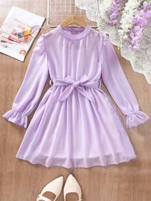 3pcs/Set Sweet & Gentle Breathable Waist Cinching Midi Dress Set For Girls 8-12 Years Old: Lavender Chiffon Dress With Peter Pan Collar, White Slip Dress, Detachable Belt, Flare Sleeves, Slim Fit Princess Dress Suit - Mauve Purple - View 10