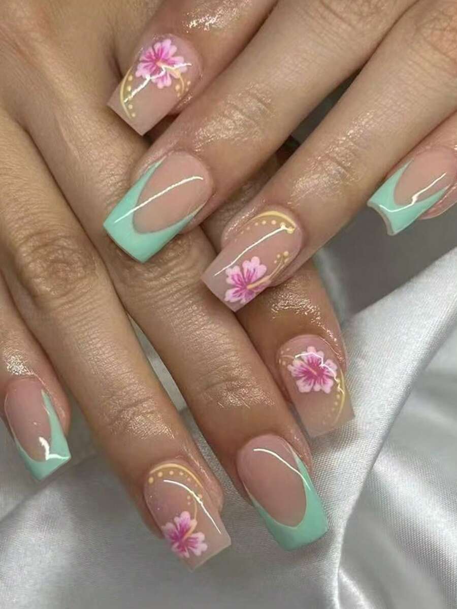 24片方形薄荷绿法式花朵美甲贴纸，亚克力材质，完美贴合，中等长度，包含1瓶啫喱和1个指甲锉。花朵美甲让您的指尖闪耀动人，适合派对、舞蹈和日常使用。 - 彩色 - 查看 1