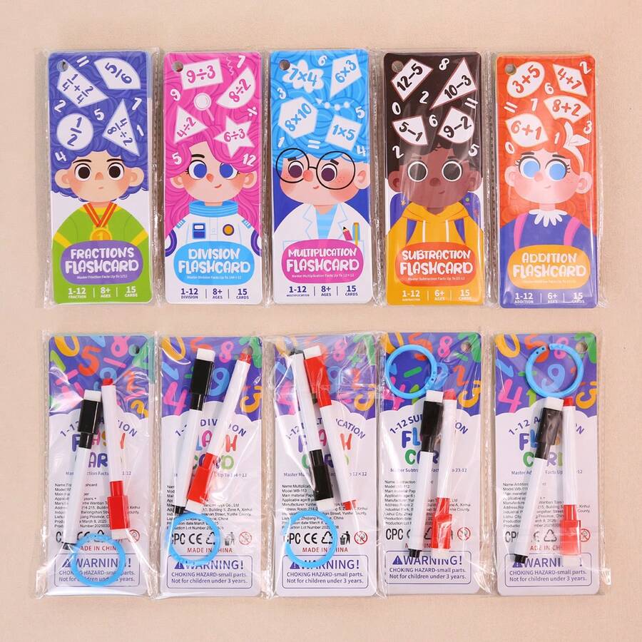 15pcs Reusable Math Flash Cards Colorful Wipe Clean Addition Subtraction Multiplication Division Fractions Montessori Toys Kids Toys Flash Cards Education Math Games Toys For Kids 3-8 Years Preschool Kindergarten Homeschool Learning Activity Travel Educational Game Birthday Christmas Gift For Boys Girls